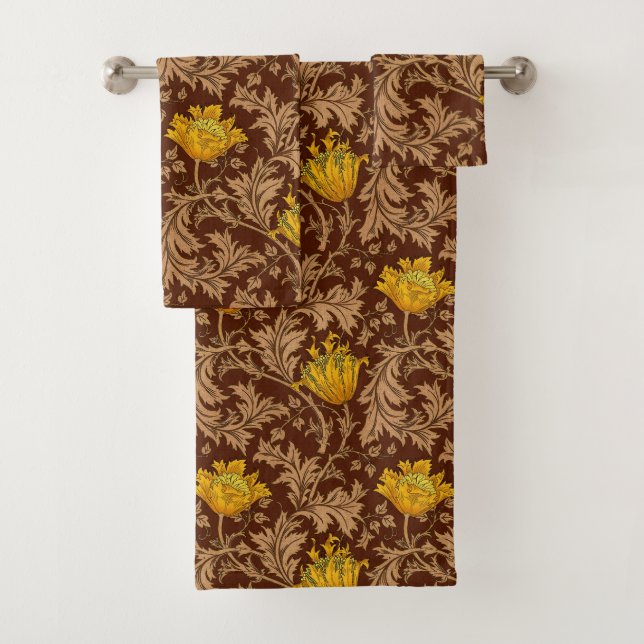William Morris Anemone, Brown and Mustard Gold Bath Towel Set (Insitu)