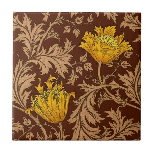 William Morris Anemone Brown and Mustard Gold Ceramic Tile