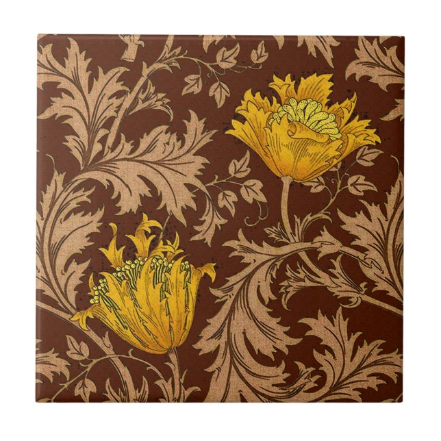 William Morris Anemone, Brown and Mustard Gold Ceramic Tile (Front)