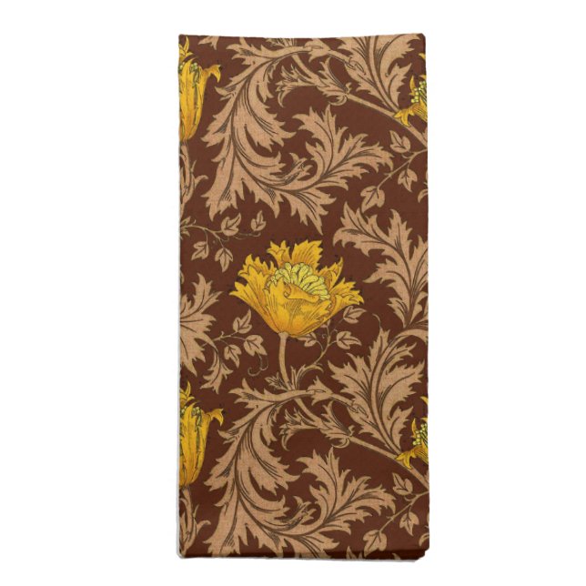 William Morris Anemone, Brown and Mustard Gold  Cloth Napkin (Folded)