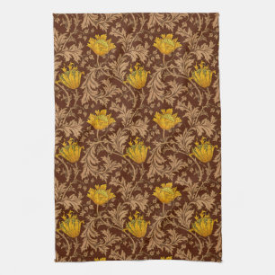 William Morris Anemone, Brown and Mustard Gold  Kitchen Towel