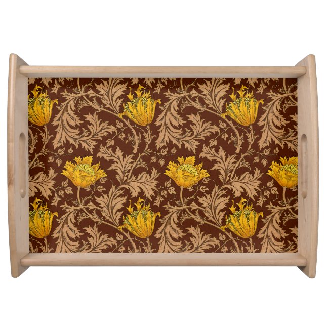 William Morris Anemone, Brown and Mustard Gold Serving Tray (Front)