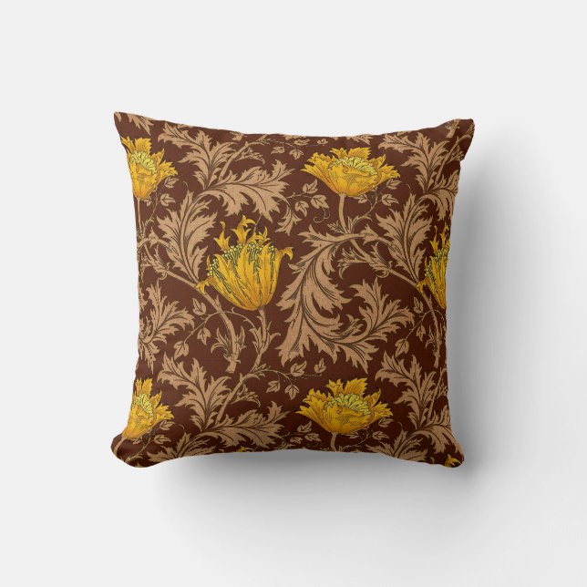 William Morris Anemone, Brown and Mustard Gold Throw Pillow (Front)