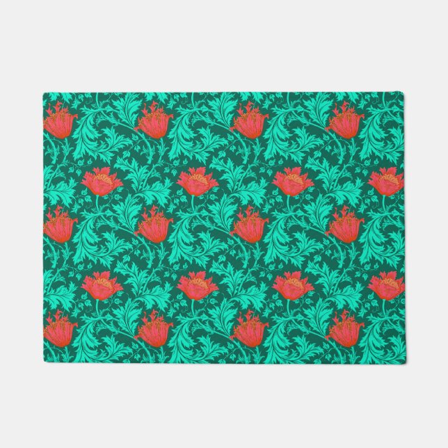 William Morris Anemone, Deep Red and Turquoise Doormat (Front)