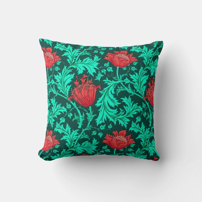 William Morris Anemone, Deep Red and Turquoise Throw Pillow (Front)