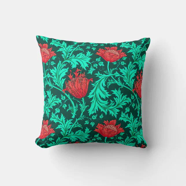 William Morris Anemone, Deep Red and Turquoise Throw Pillow Zazzle