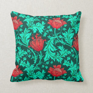 William Morris Anemone, Deep Red and Turquoise Throw Pillow
