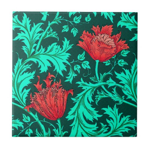 William Morris Anemone Deep Red and Turquoise Tile