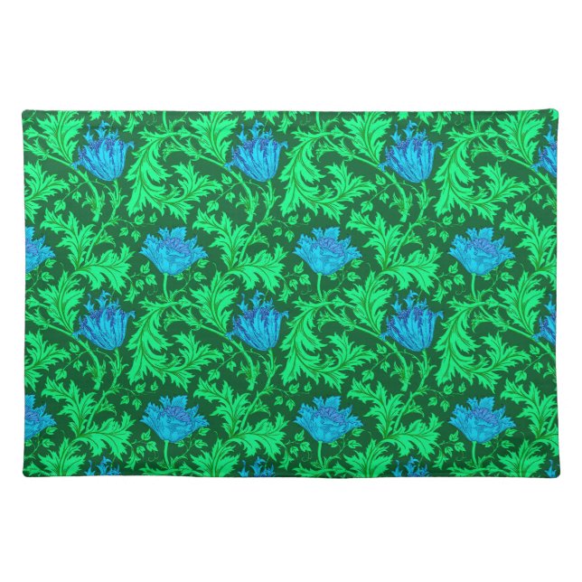 William Morris Anemone, Emerald Green and Blue  Cloth Placemat (Front)