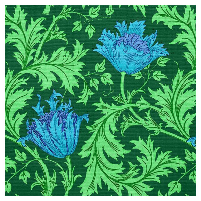William Morris Anemone, Emerald Green and Blue Fabric (Swatch)