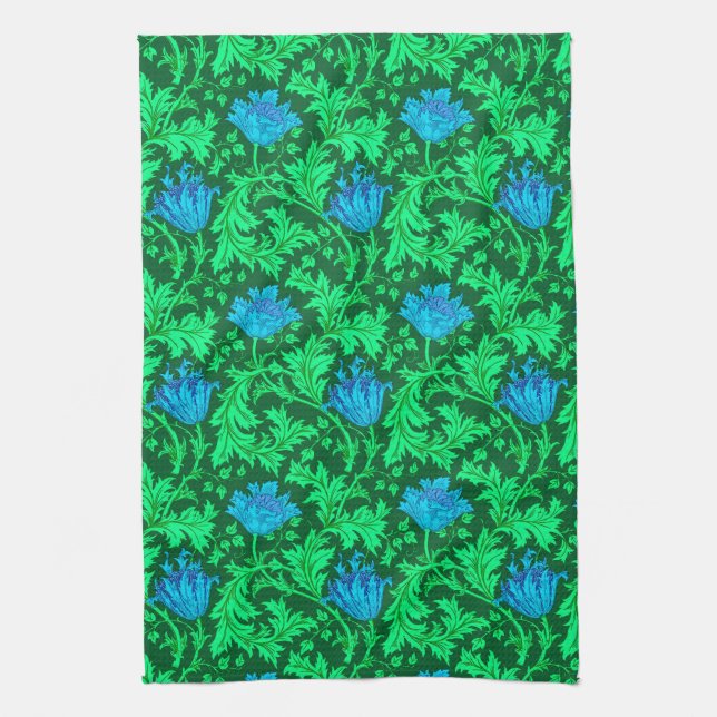 William Morris Anemone, Emerald Green and Blue  Kitchen Towel (Vertical)