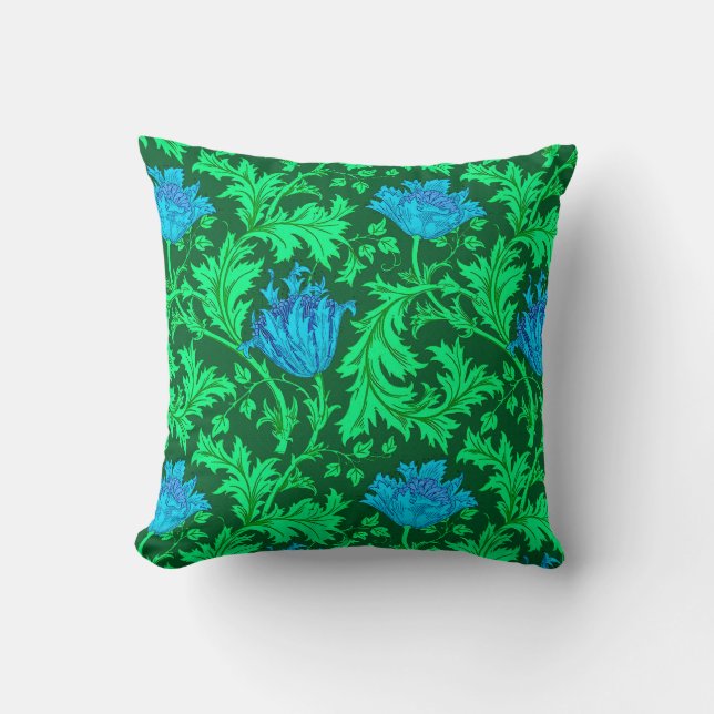 William Morris Anemone, Emerald Green and Blue Throw Pillow (Front)