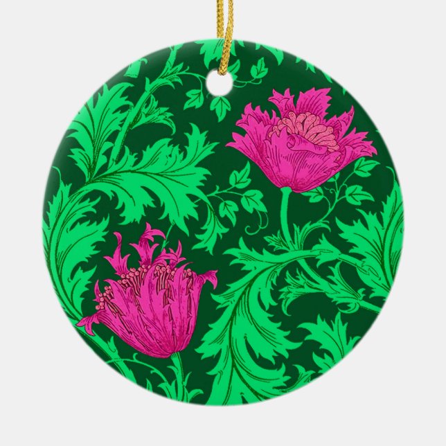 William Morris Anemone, Emerald Green and Fuchsia  Ceramic Ornament (Front)