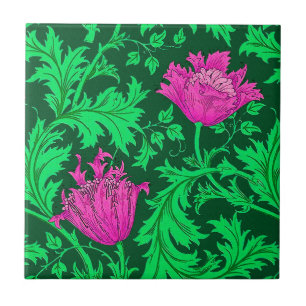William Morris Anemone, Emerald Green and Fuchsia Ceramic Tile