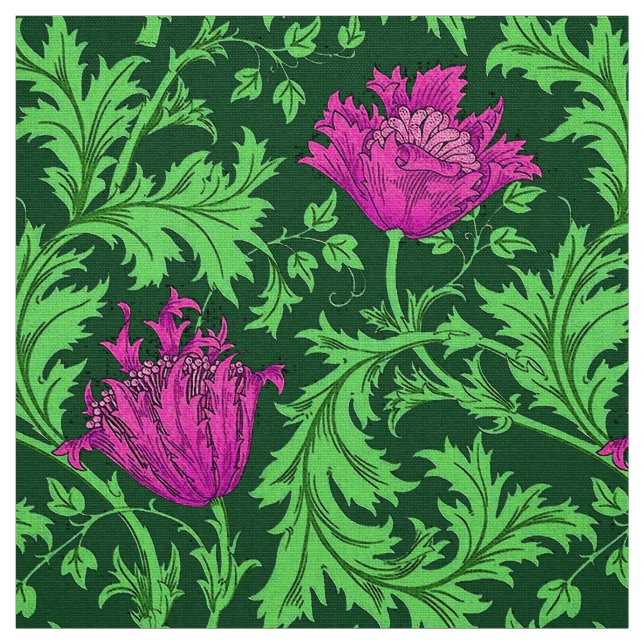 William Morris Anemone, Emerald Green and Fuchsia Fabric (Swatch)