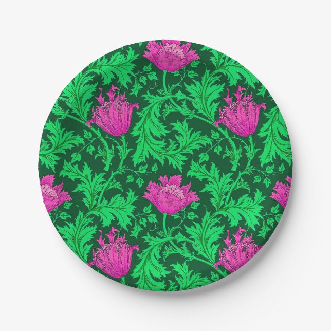 William Morris Anemone, Emerald Green and Fuchsia Paper Plates (Front)
