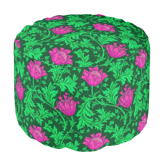 William Morris Anemone, Emerald Green and Fuchsia Pouf (Angled Front)