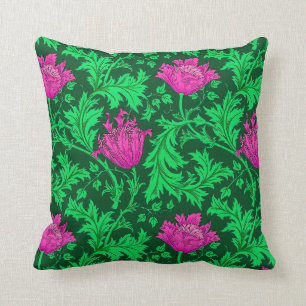William Morris Anemone, Emerald Green and Fuchsia Throw Pillow