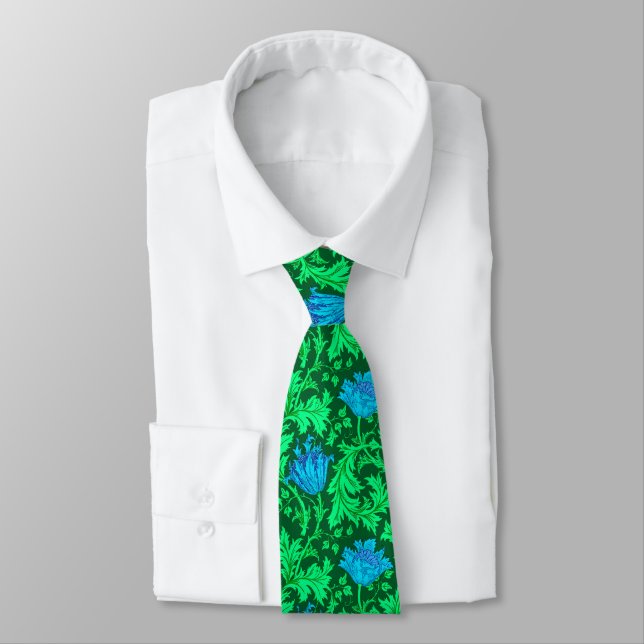 William Morris Anemone, Emerald Green & Turquoise Neck Tie (Tied)