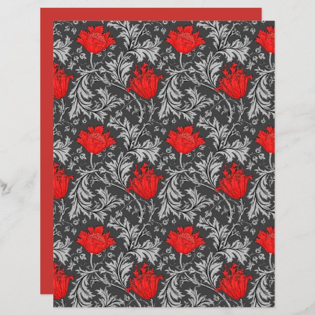 William Morris Anemone, Gray / Grey and Red  (Front/Back)