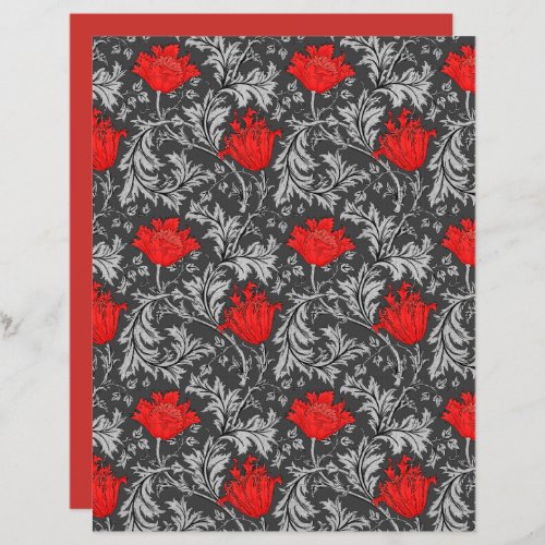 William Morris Anemone Gray  Grey and Red 