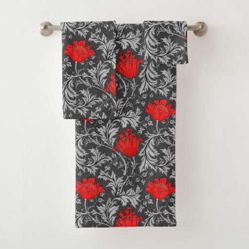 William Morris Anemone Gray  Grey and Red Bath Towel Set