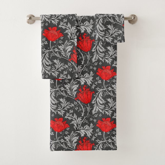 William Morris Anemone, Gray / Grey and Red Bath Towel Set (Insitu)