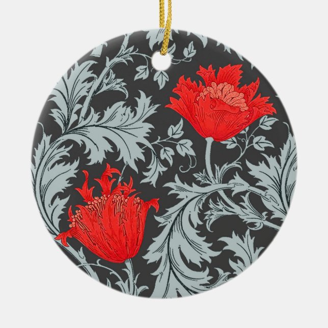 William Morris Anemone, Gray / Grey and Red   Ceramic Ornament (Front)