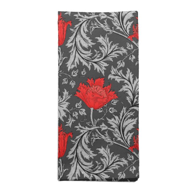 William Morris Anemone, Gray / Grey and Red   Cloth Napkin (Folded)