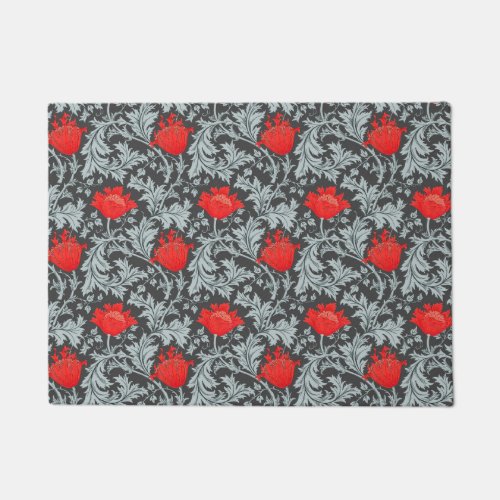 William Morris Anemone Gray  Grey and Red Doormat