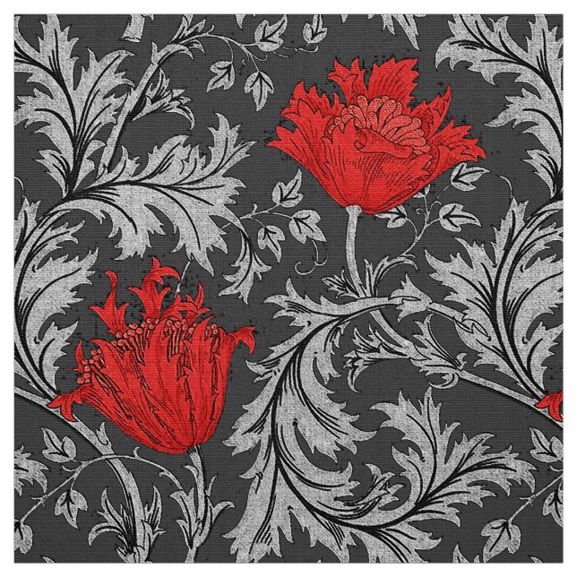 William Morris Anemone, Gray / Grey and Red Fabric (Swatch)