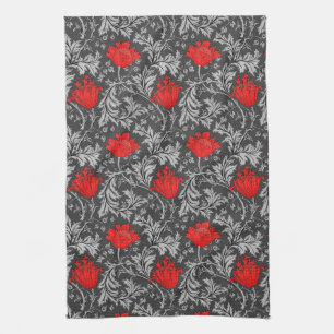 William Morris Anemone, Gray / Grey and Red Kitchen Towel