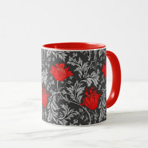 William Morris Anemone, Gray / Grey and Red   Mug