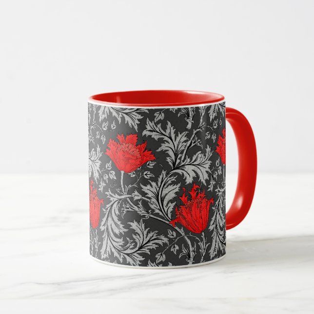 William Morris Anemone, Gray / Grey and Red   Mug (Front Right)