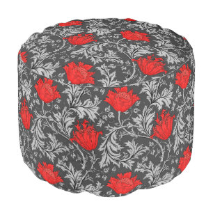William Morris Anemone, Gray / Grey and Red Pouf