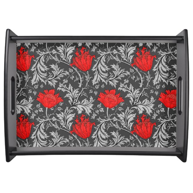 William Morris Anemone, Gray / Grey and Red Serving Tray (Front)