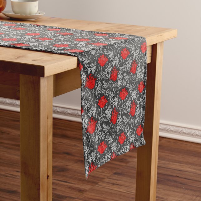 William Morris Anemone, Gray / Grey and Red   Short Table Runner (In Situ)
