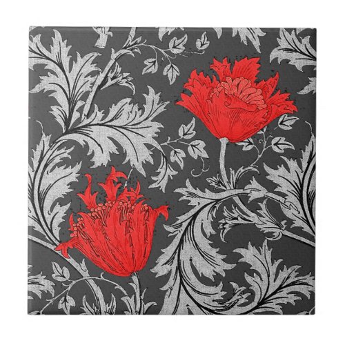 William Morris Anemone Gray  Grey and Red Tile
