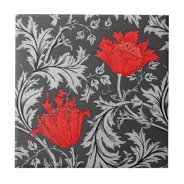 William Morris Anemone, Gray / Grey and Red Tile (Front)