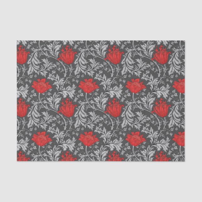 William Morris Anemone, Gray / Grey and Red Tissue Paper (Front)