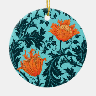 William Morris Anemone, Indigo Blue and Coral Ceramic Ornament
