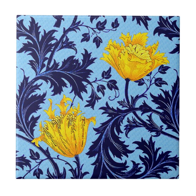 William Morris Anemone, Navy and Mustard Yellow Ceramic Tile (Front)