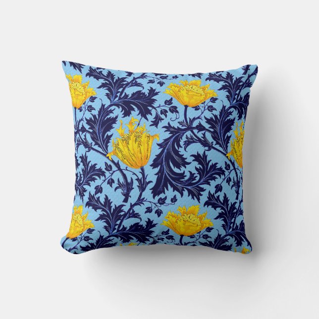 William Morris Anemone, Navy and Mustard Yellow Throw Pillow (Front)