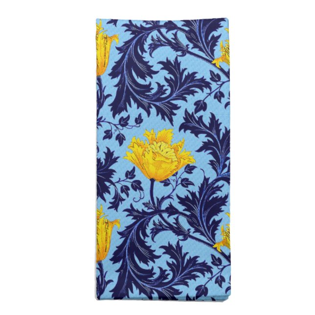 William Morris Anemone, Navy, Sky Blue and Yellow  Cloth Napkin (Folded)