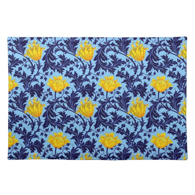 William Morris Anemone, Navy, Sky Blue and Yellow  Cloth Placemat (Front)