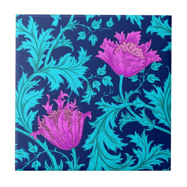 William Morris Anemone, Navy, Turquoise & Magenta Ceramic Tile (Front)