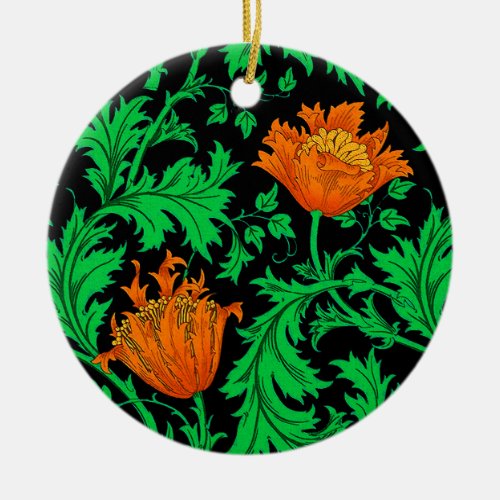 William Morris Anemone Orange Green and Black  Ceramic Ornament