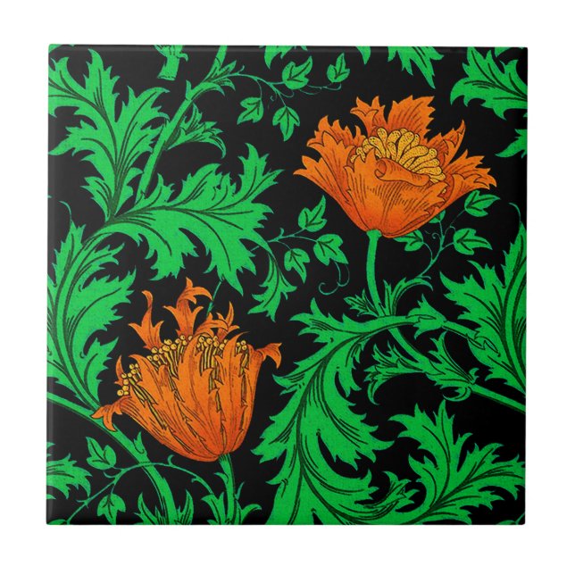 William Morris Anemone, Orange, Green and Black Ceramic Tile (Front)