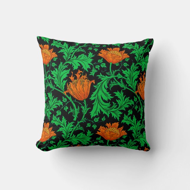 William Morris Anemone, Orange, Green and Black Throw Pillow (Front)