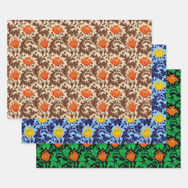 William Morris Anemone, Rust, Gold, Black Wrapping Paper Sheets (Set)